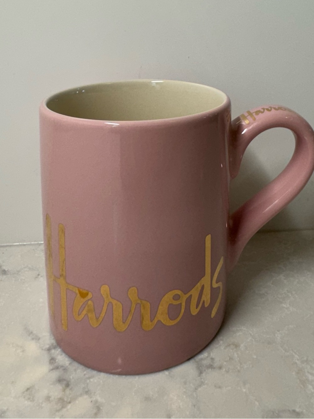 Harrods Pink Mug with Gold Script Logo